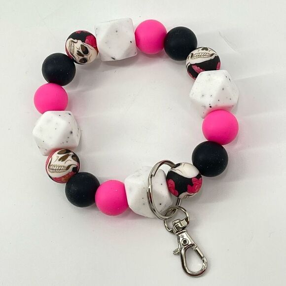 Keychain bracelet wristlet silicone beaded skull roses rockabilly NEW handmade c - Picture 4 of 7